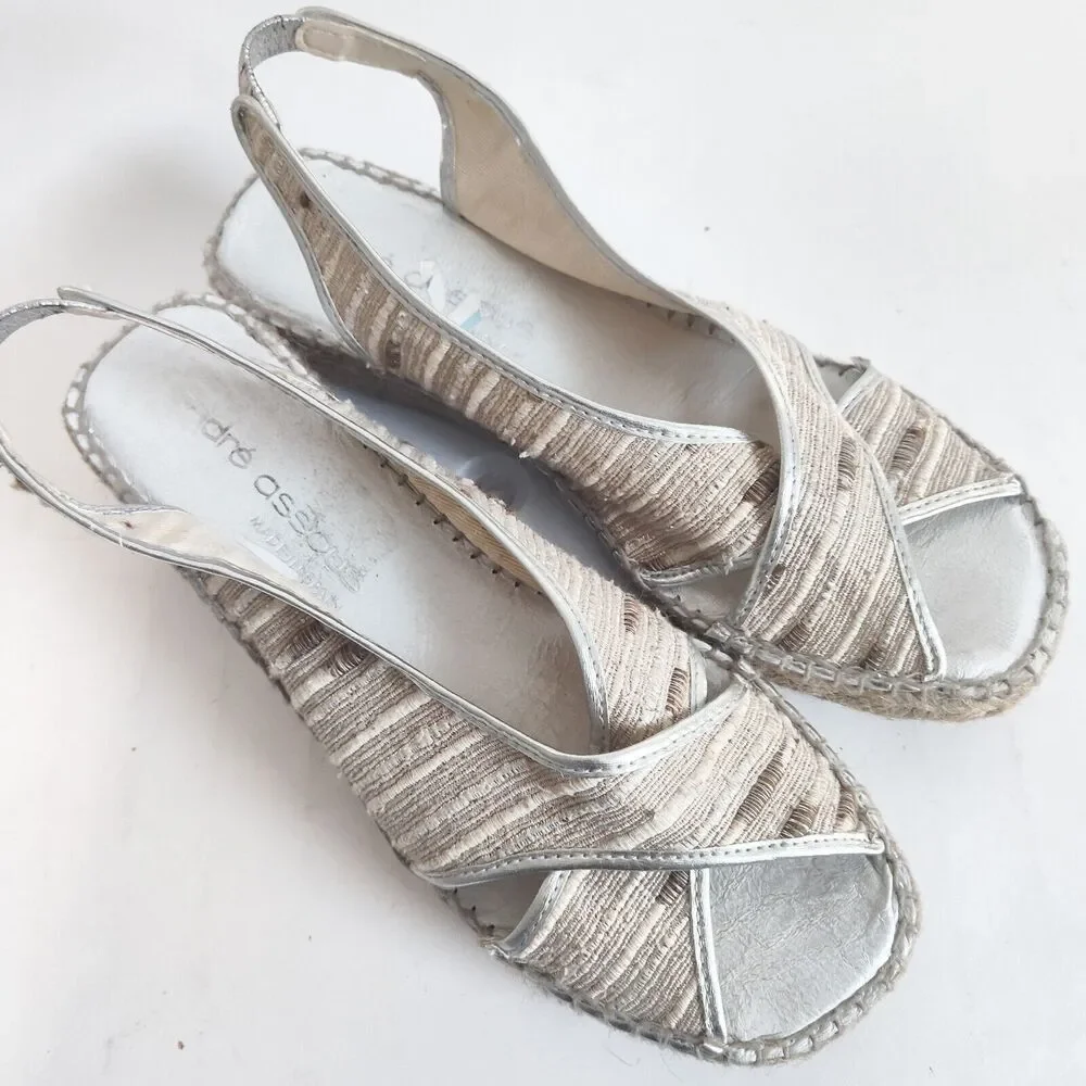 Andre Assous Espadrille Wedge Sandals Women's Size 10 Shoes Metallic Neutral Tan